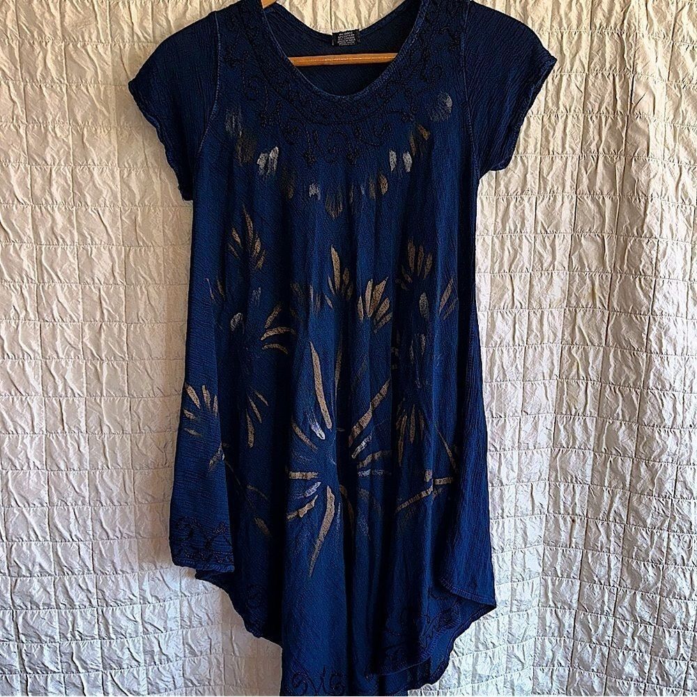 Fashion Force India Embroidered Hand Painted Gauze Beach Dress Blue One Size